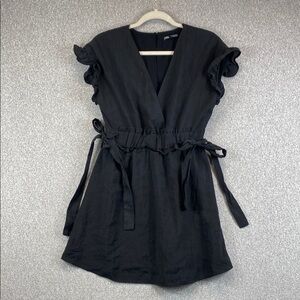 Zara little black dress S cinched waist fit and flare open back v-neck ruffle
